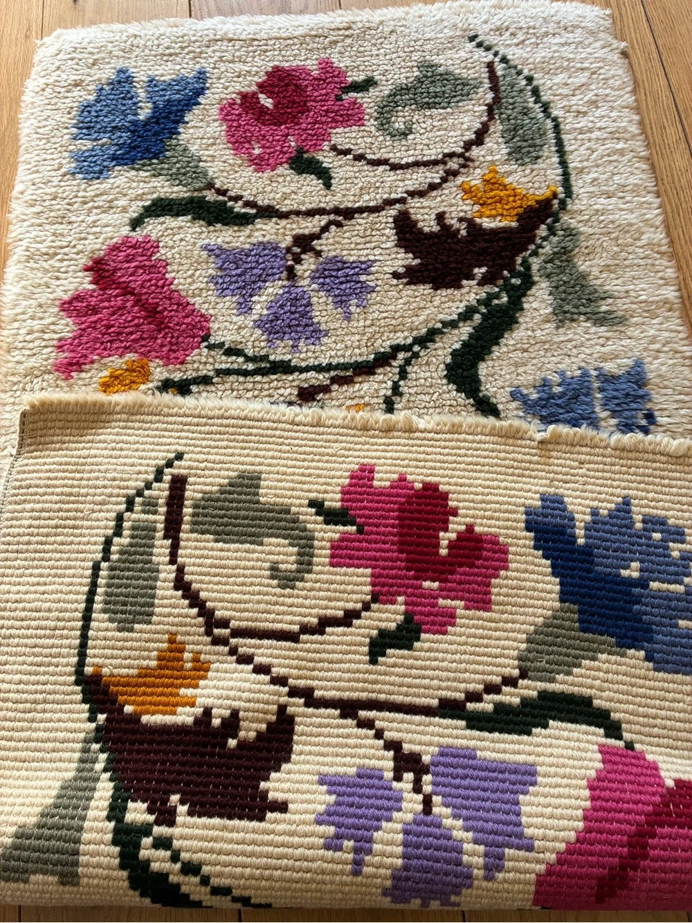 Vintage wool hook Floral Cream Area Rug Runner - Pink Blue Green Floral Design